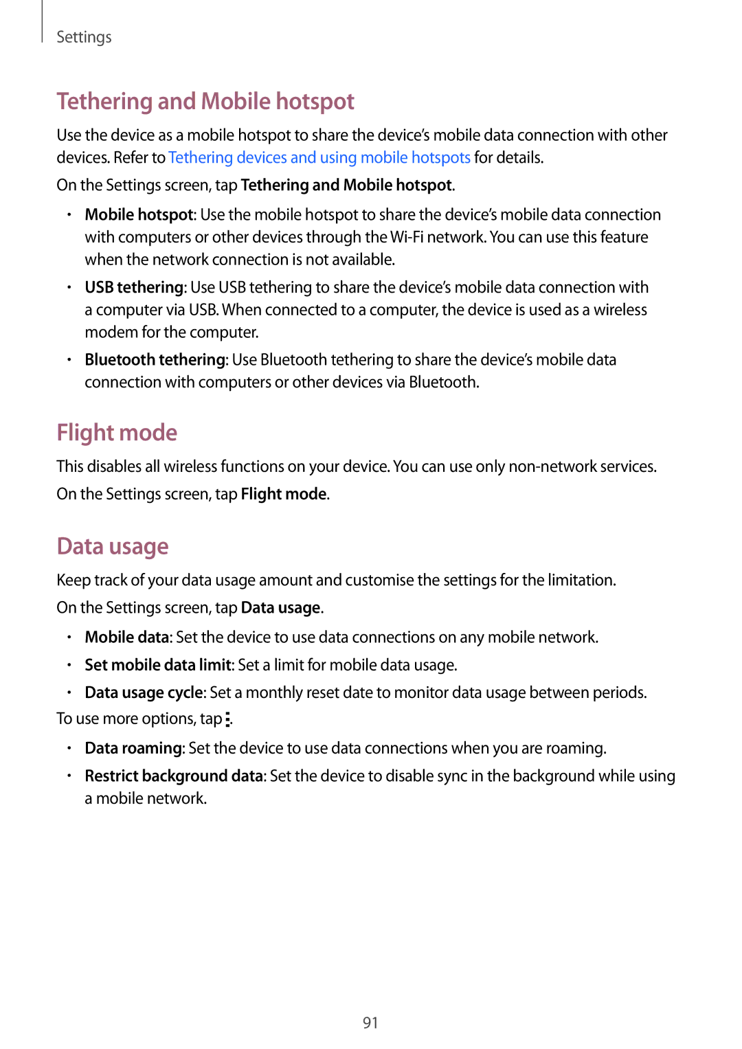 Samsung SM-G350EZKAEGY, SM-G350EZKAAFG, SM-G350EZKAMID, SM-G350EZWACAC Tethering and Mobile hotspot, Flight mode, Data usage 