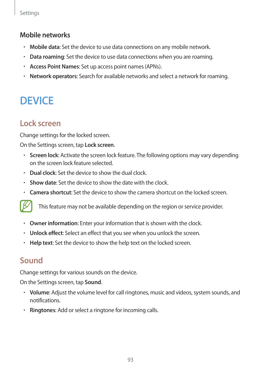 Samsung SM-G350EZKACAC, SM-G350EZKAAFG, SM-G350EZKAMID, SM-G350EZWACAC, SM-G350EZWATHR Lock screen, Sound, Mobile networks 