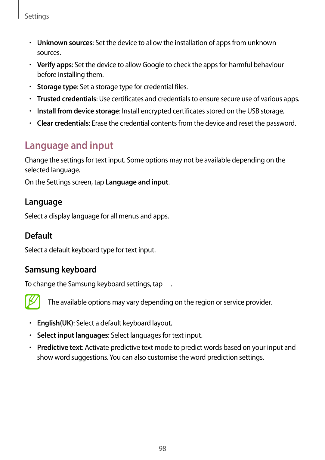 Samsung SM-G350EZWACAC, SM-G350EZKAAFG, SM-G350EZKAMID, SM-G350EZWATHR manual Language and input, Default, Samsung keyboard 