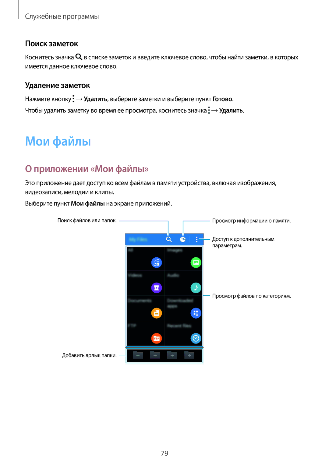 Samsung SM-G350EZKASER, SM-G350EZWASER manual Приложении «Мои файлы», Поиск заметок, Удаление заметок 