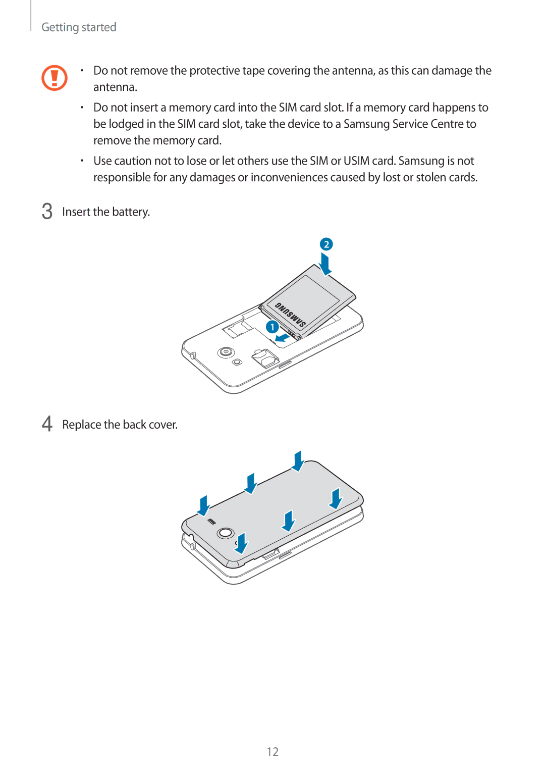 Samsung SM-G355HZKDKSA, SM-G355HZWDKSA, SM-G355HZWDXXV, SM-G355HZKDXXV manual Insert the battery Replace the back cover 