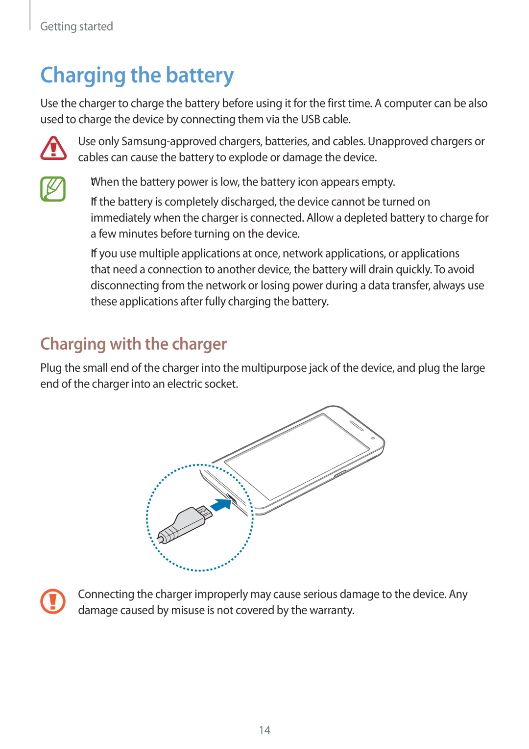 Samsung SM-G355HZWDXXV, SM-G355HZKDKSA, SM-G355HZWDKSA, SM-G355HZKDXXV manual Charging the battery, Charging with the charger 