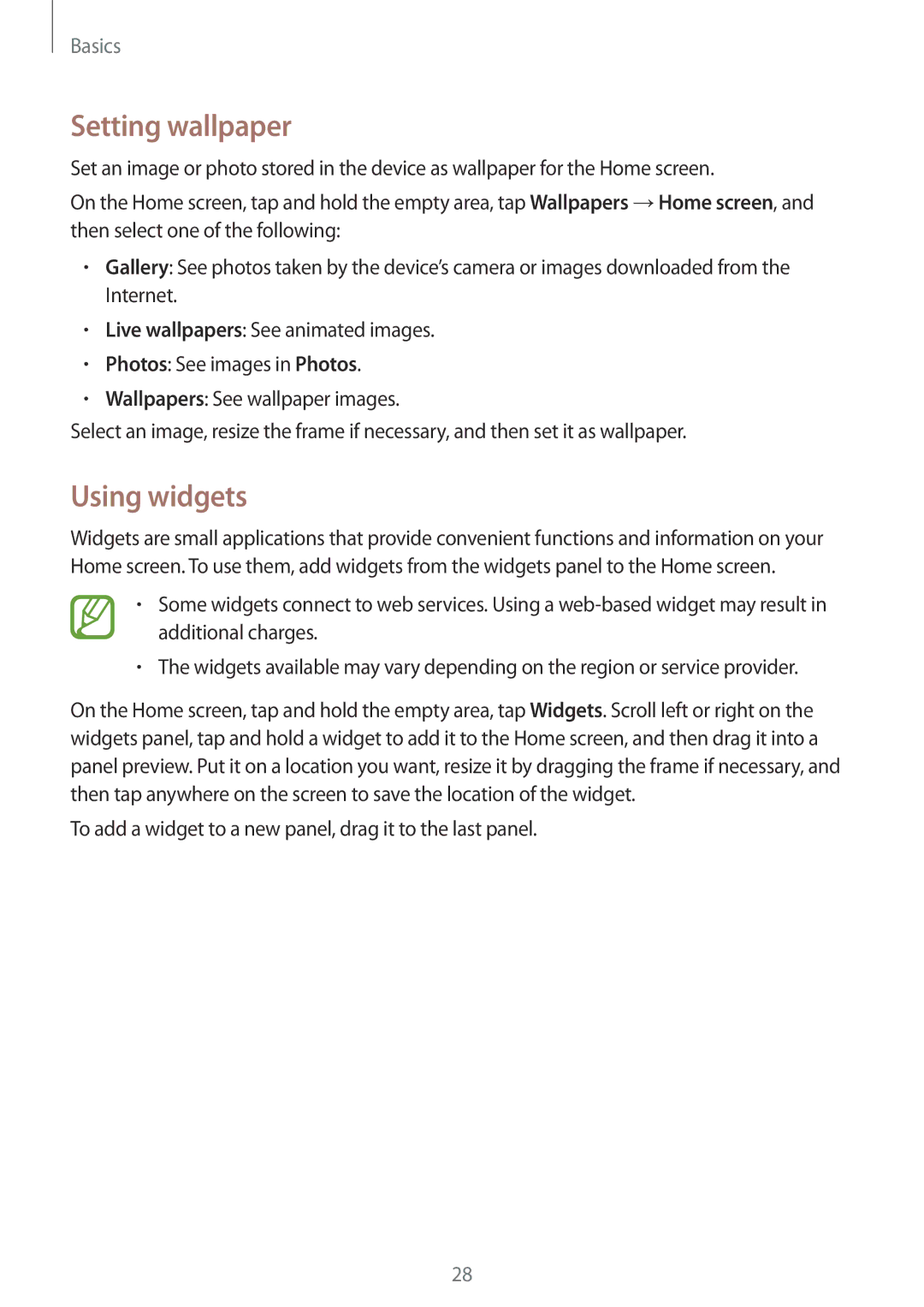 Samsung SM-G355HZKDKSA, SM-G355HZWDKSA, SM-G355HZWDXXV, SM-G355HZKDXXV manual Setting wallpaper, Using widgets 