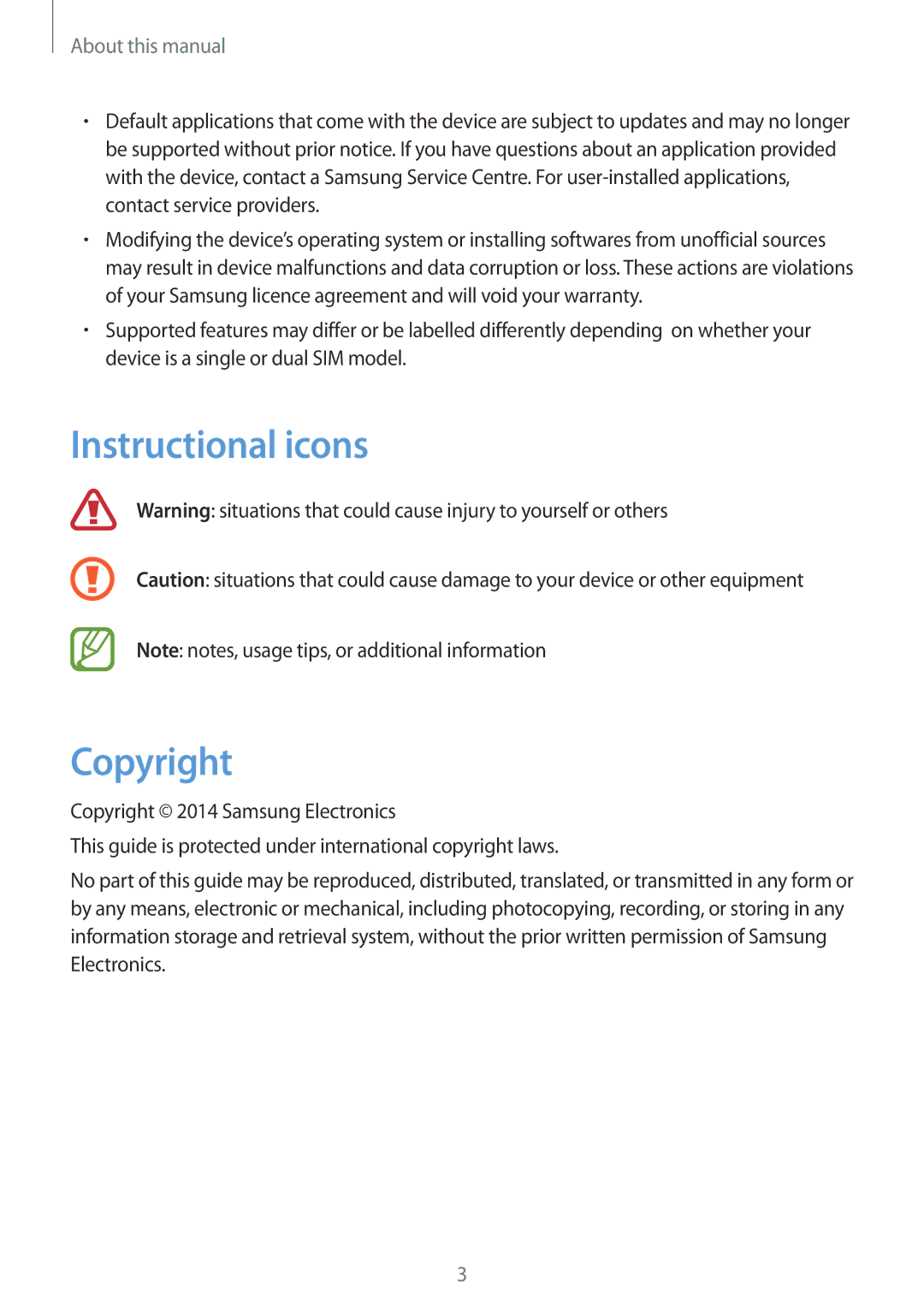 Samsung SM-G355HZKDXXV, SM-G355HZKDKSA, SM-G355HZWDKSA, SM-G355HZWDXXV Instructional icons Copyright, About this manual 