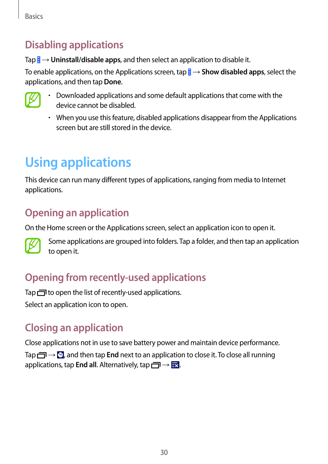 Samsung SM-G355HZWDXXV manual Using applications, Disabling applications, Opening an application, Closing an application 