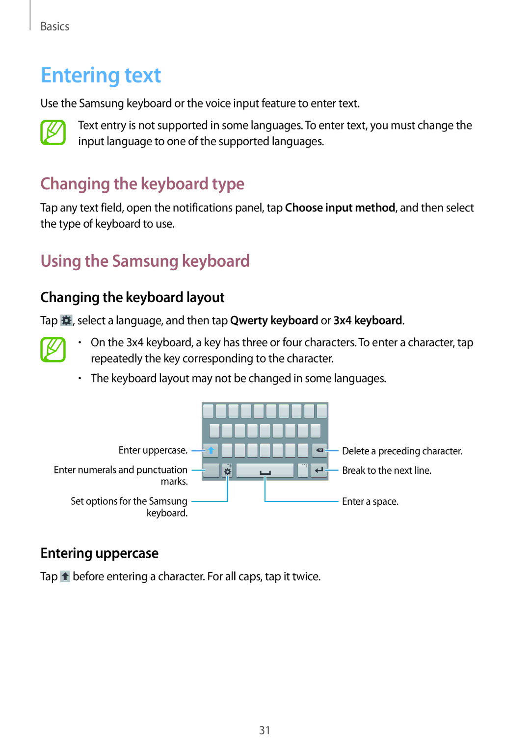 Samsung SM-G355HZKDXXV Entering text, Changing the keyboard type, Using the Samsung keyboard, Changing the keyboard layout 