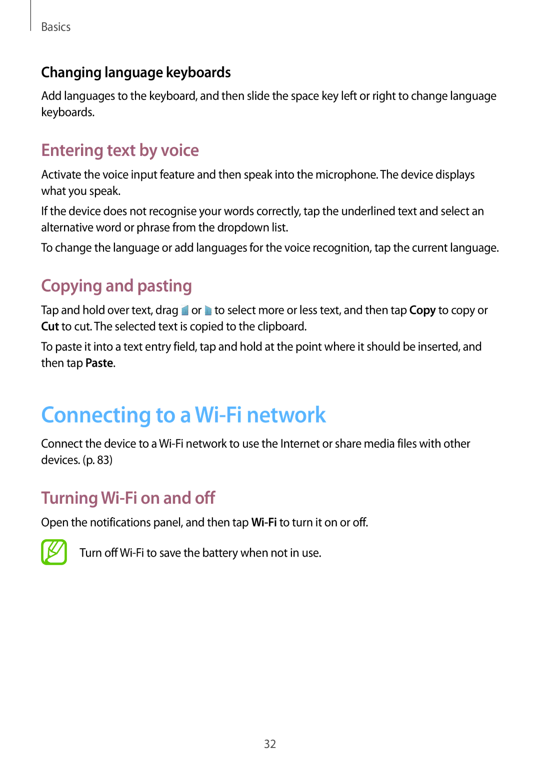 Samsung SM-G355HZKDKSA, SM-G355HZWDKSA manual Connecting to a Wi-Fi network, Entering text by voice, Copying and pasting 