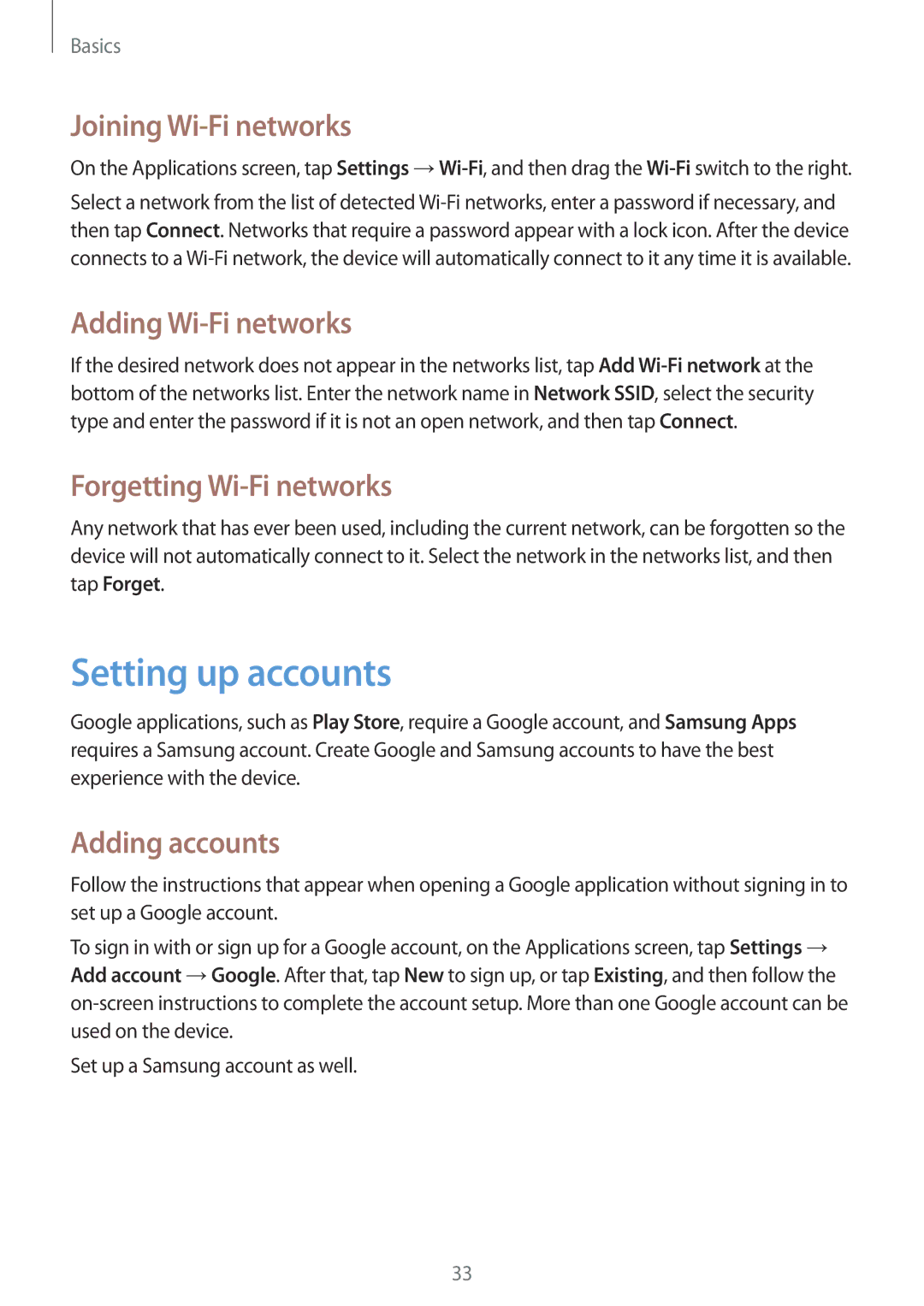 Samsung SM-G355HZWDKSA manual Setting up accounts, Joining Wi-Fi networks, Adding Wi-Fi networks, Forgetting Wi-Fi networks 