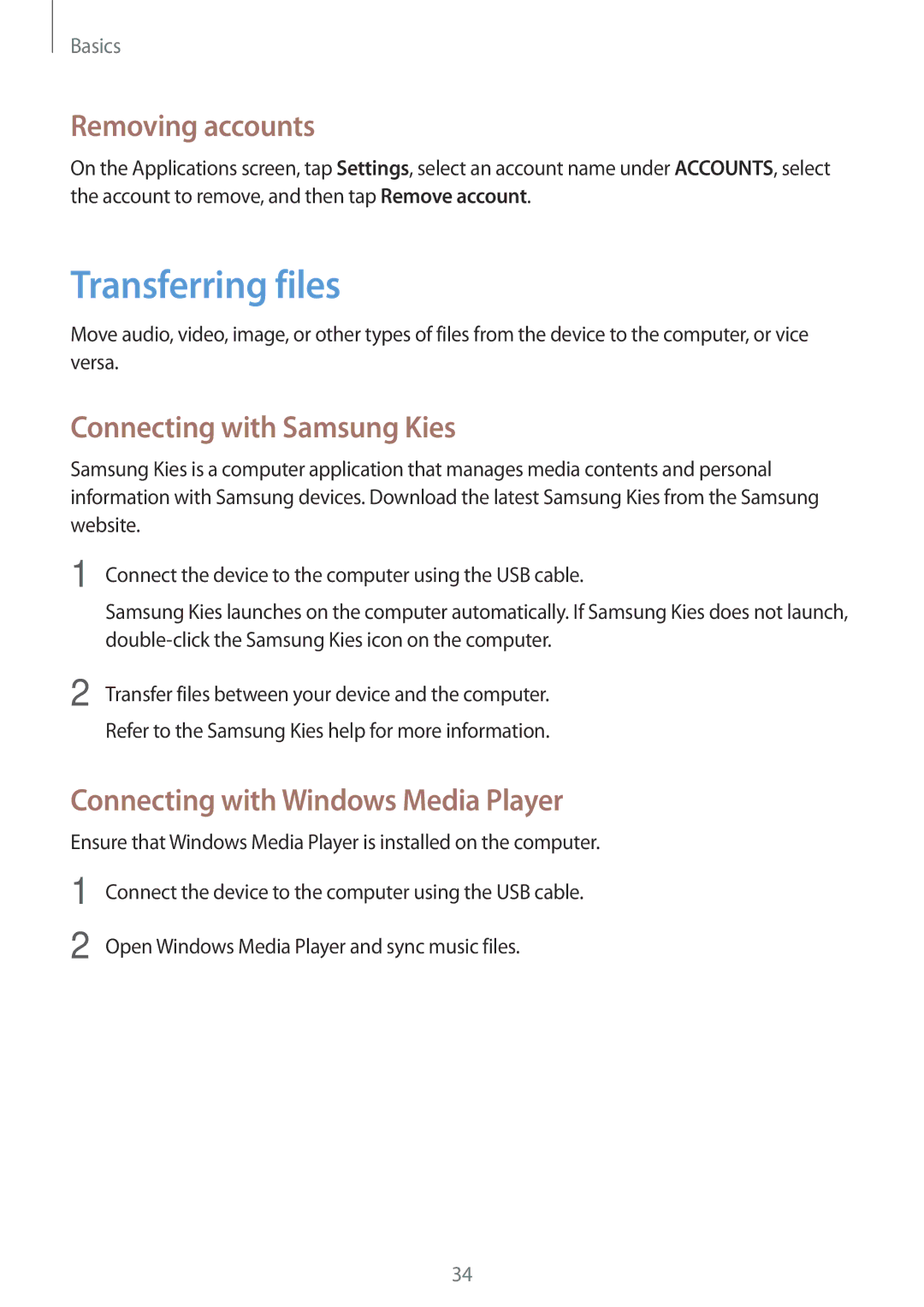 Samsung SM-G355HZWDXXV, SM-G355HZKDKSA, SM-G355HZWDKSA Transferring files, Removing accounts, Connecting with Samsung Kies 