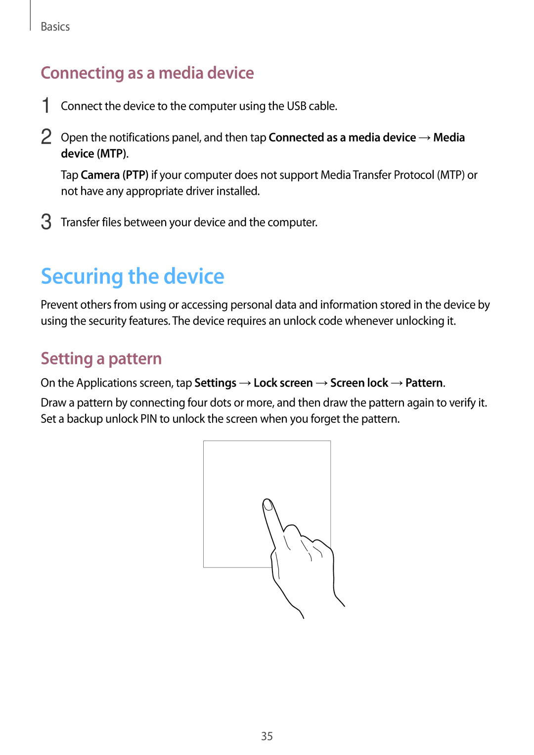 Samsung SM-G355HZKDXXV, SM-G355HZKDKSA Securing the device, Connecting as a media device, Setting a pattern, Device MTP 