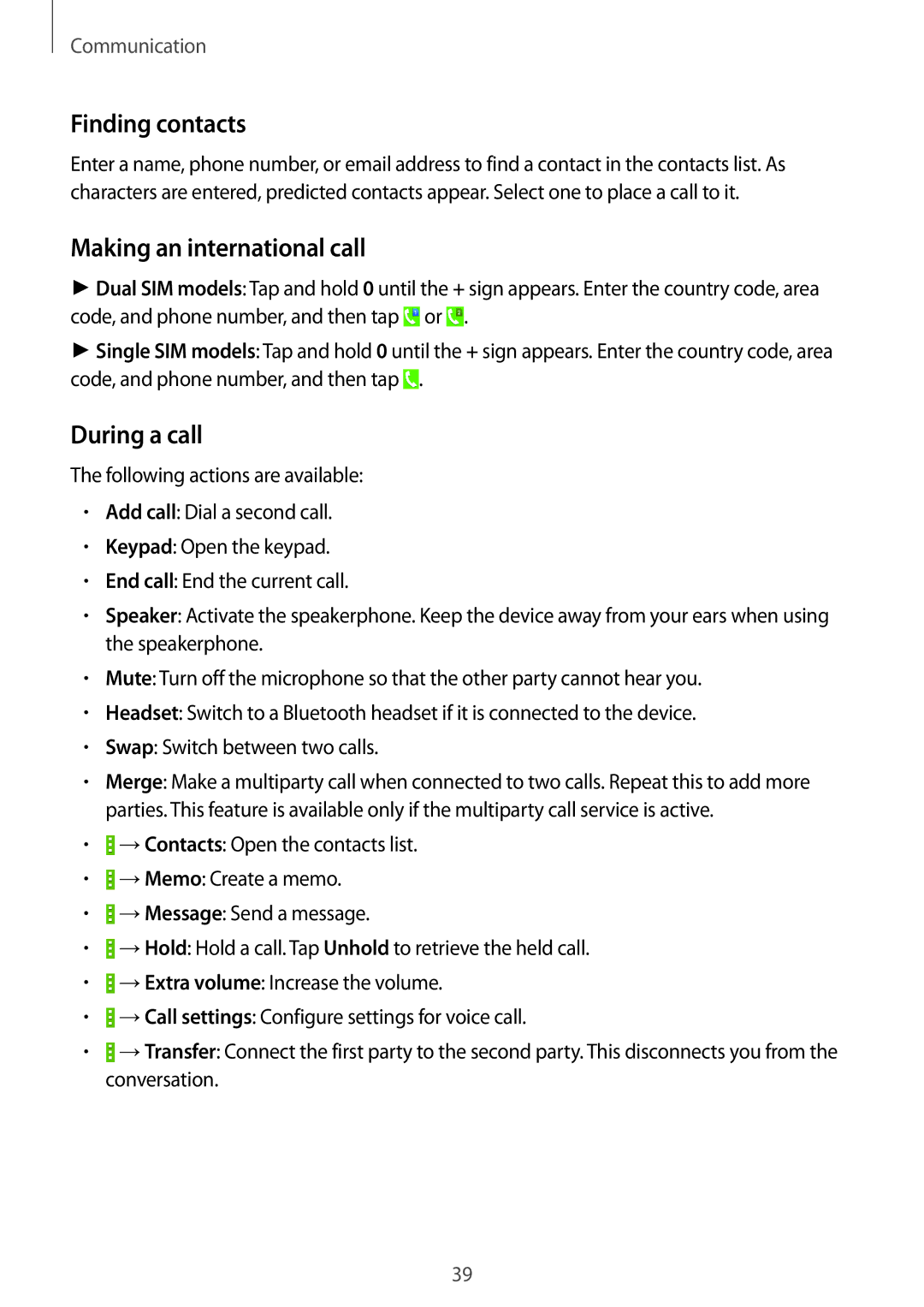 Samsung SM-G355HZKDXXV, SM-G355HZKDKSA, SM-G355HZWDKSA manual Finding contacts, Making an international call, During a call 