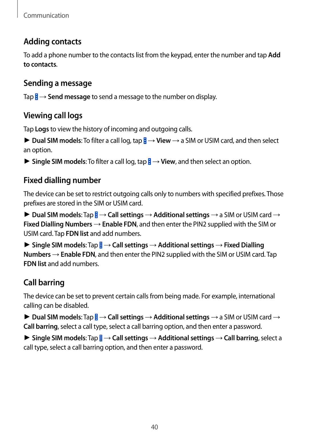 Samsung SM-G355HZKDKSA manual Adding contacts, Sending a message, Viewing call logs, Fixed dialling number, Call barring 