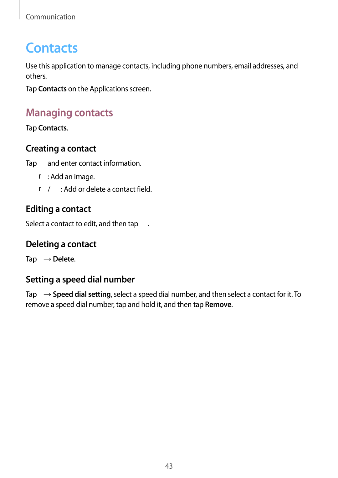 Samsung SM-G355HZKDXXV, SM-G355HZKDKSA, SM-G355HZWDKSA, SM-G355HZWDXXV manual Contacts, Managing contacts 