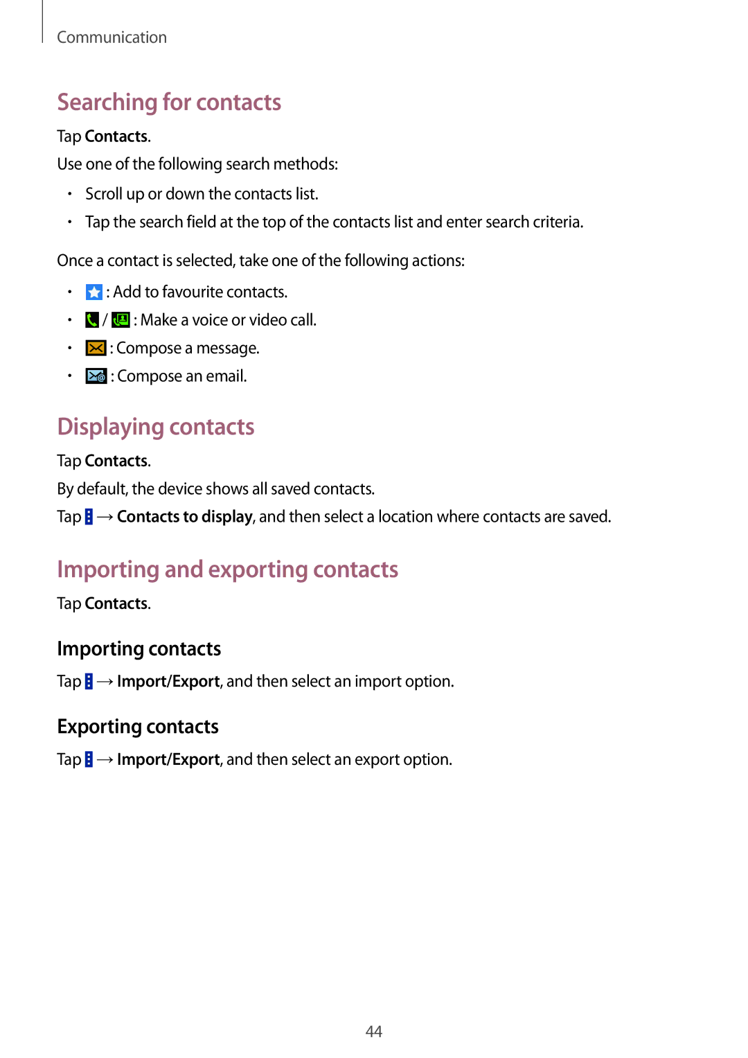 Samsung SM-G355HZKDKSA Searching for contacts, Displaying contacts, Importing and exporting contacts, Importing contacts 