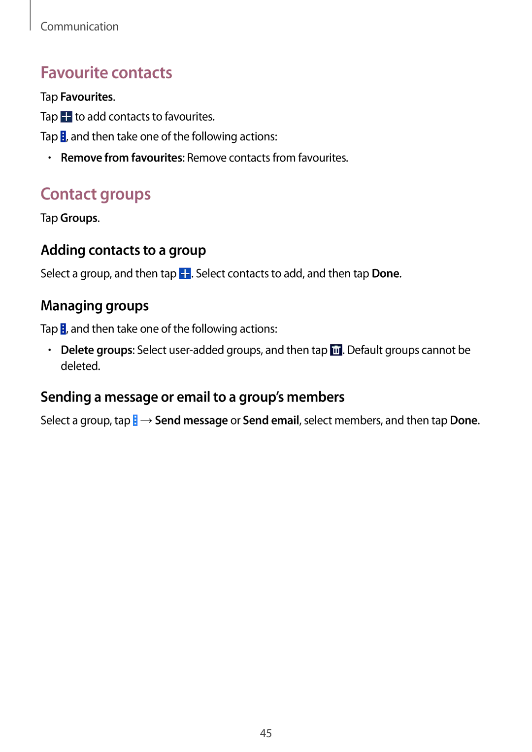 Samsung SM-G355HZWDKSA, SM-G355HZKDKSA Favourite contacts, Contact groups, Adding contacts to a group, Managing groups 