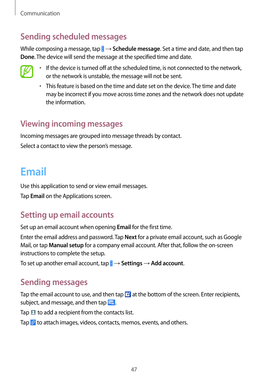 Samsung SM-G355HZKDXXV, SM-G355HZKDKSA Sending scheduled messages, Viewing incoming messages, Setting up email accounts 