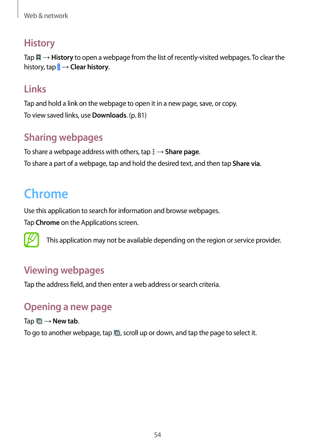 Samsung SM-G355HZWDXXV, SM-G355HZKDKSA, SM-G355HZWDKSA manual Chrome, History, Links, Sharing webpages, Tap →New tab 