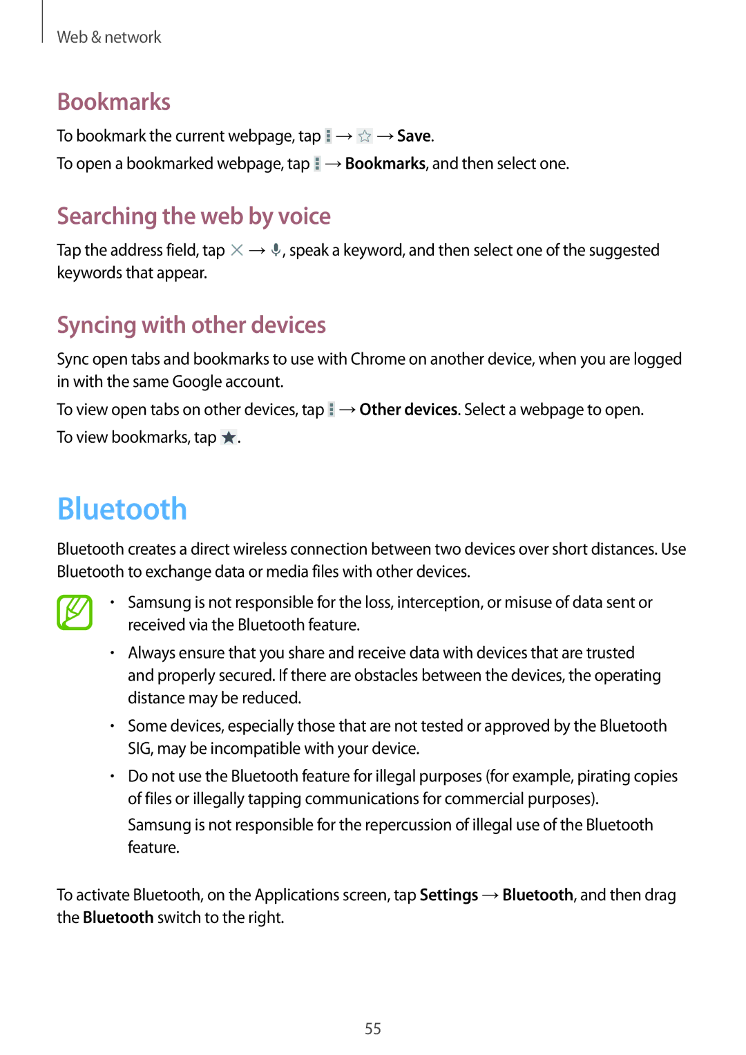 Samsung SM-G355HZKDXXV, SM-G355HZKDKSA, SM-G355HZWDKSA, SM-G355HZWDXXV manual Bluetooth, Syncing with other devices 