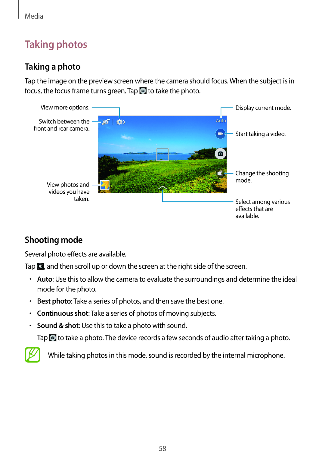 Samsung SM-G355HZWDXXV, SM-G355HZKDKSA, SM-G355HZWDKSA, SM-G355HZKDXXV manual Taking photos, Taking a photo, Shooting mode 