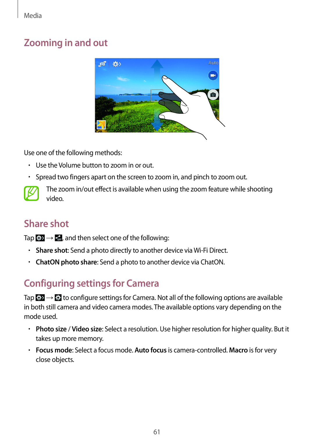 Samsung SM-G355HZWDKSA, SM-G355HZKDKSA, SM-G355HZWDXXV manual Zooming in and out, Share shot, Configuring settings for Camera 