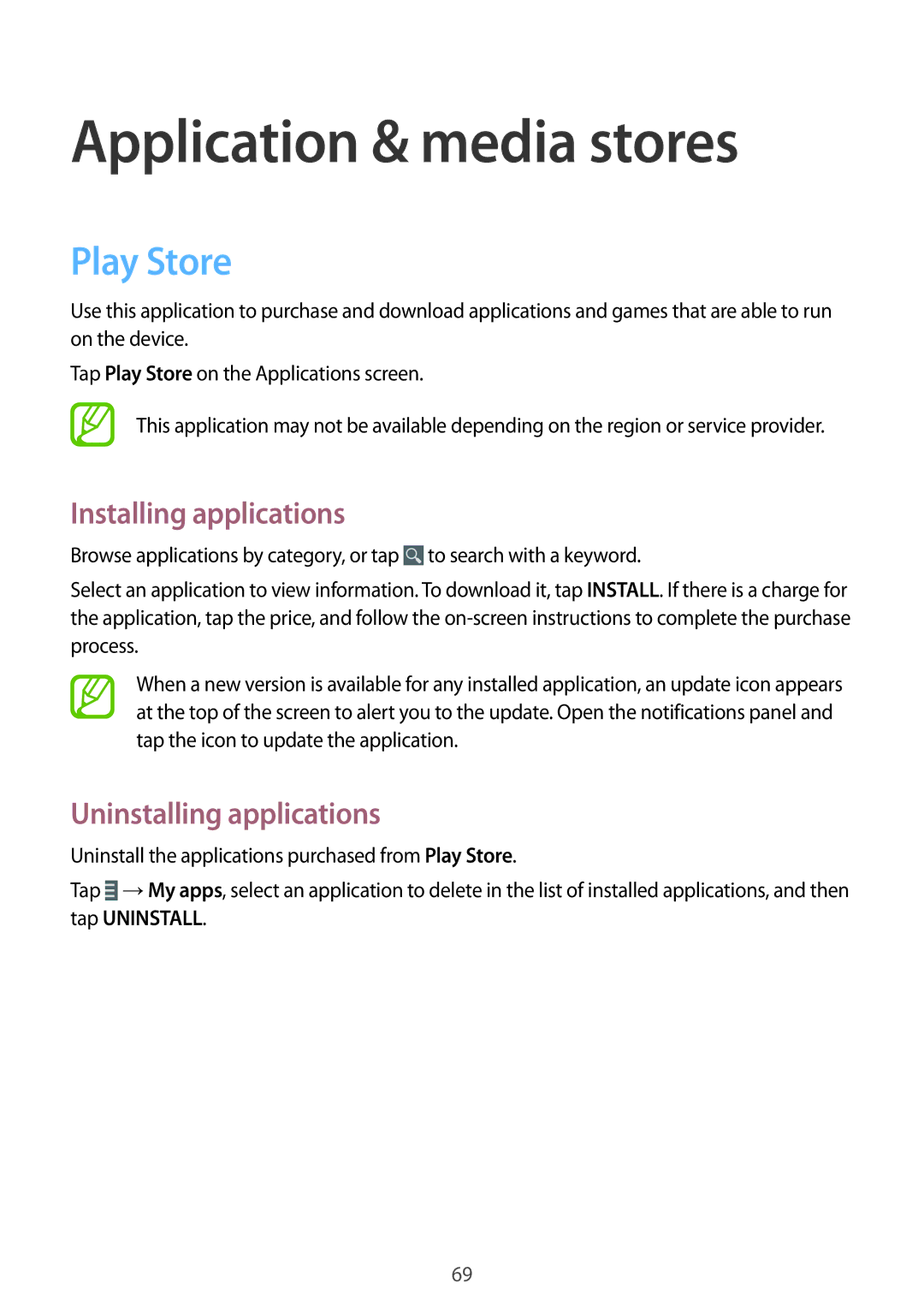 Samsung SM-G355HZWDKSA, SM-G355HZKDKSA, SM-G355HZWDXXV, SM-G355HZKDXXV manual Application & media stores, Play Store 