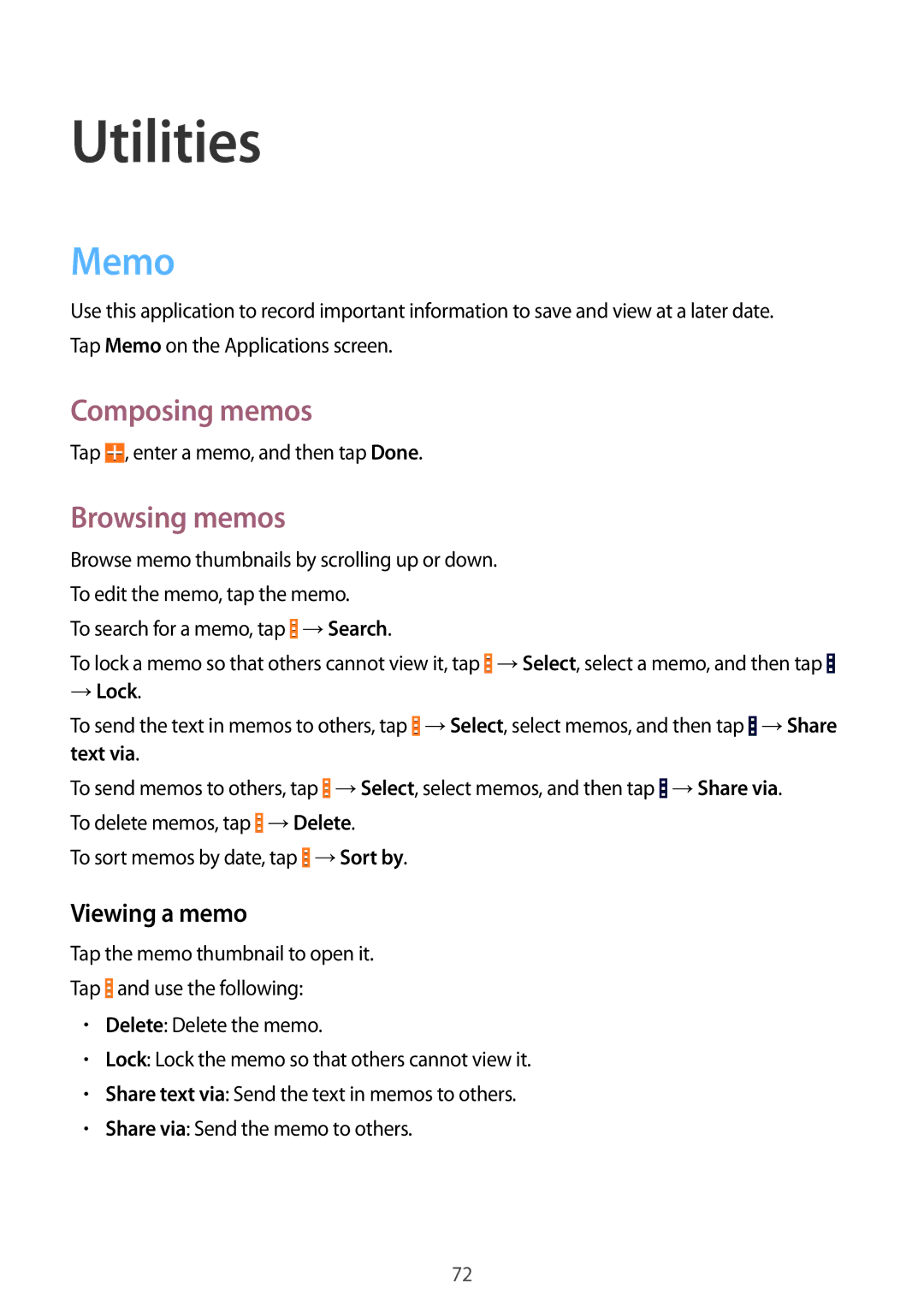 Samsung SM-G355HZKDKSA, SM-G355HZWDKSA, SM-G355HZWDXXV Utilities, Memo, Composing memos, Browsing memos, Viewing a memo 