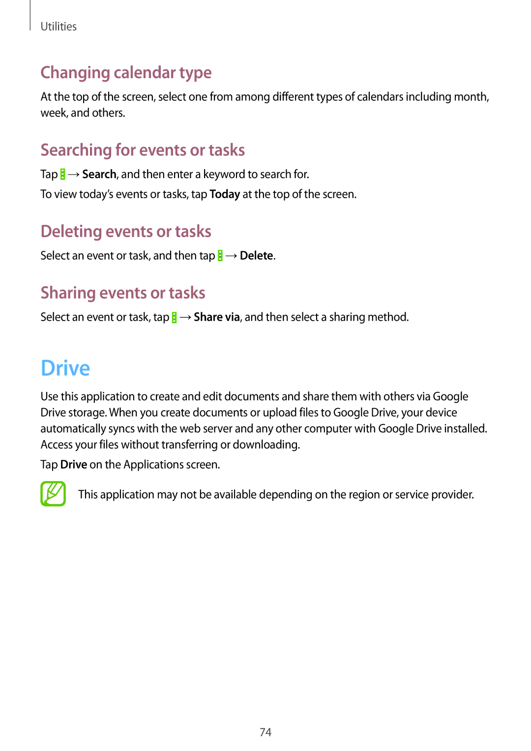 Samsung SM-G355HZWDXXV manual Drive, Changing calendar type, Searching for events or tasks, Deleting events or tasks 