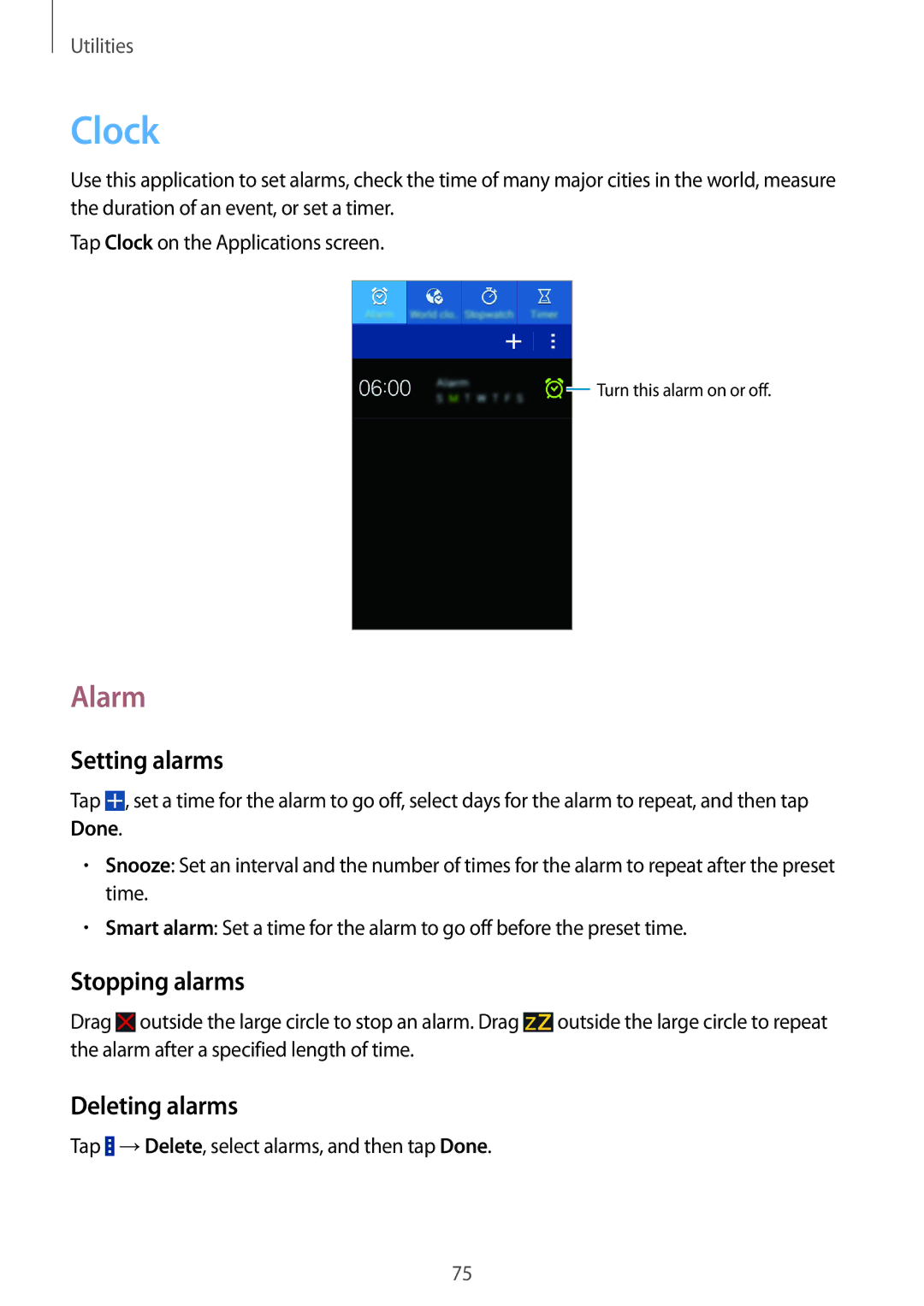 Samsung SM-G355HZKDXXV, SM-G355HZKDKSA, SM-G355HZWDKSA manual Clock, Alarm, Setting alarms, Stopping alarms, Deleting alarms 