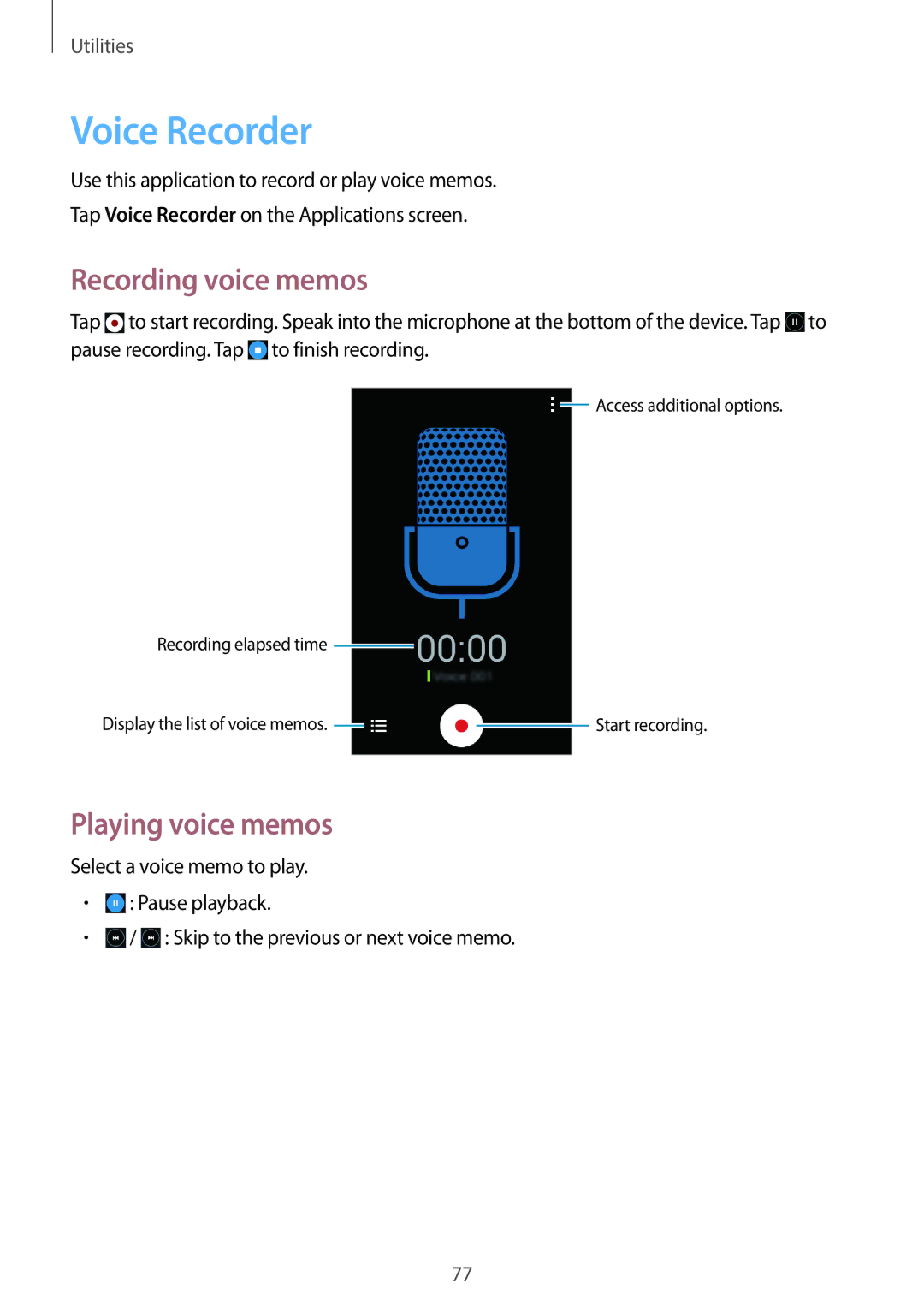 Samsung SM-G355HZWDKSA, SM-G355HZKDKSA, SM-G355HZWDXXV manual Voice Recorder, Recording voice memos, Playing voice memos 