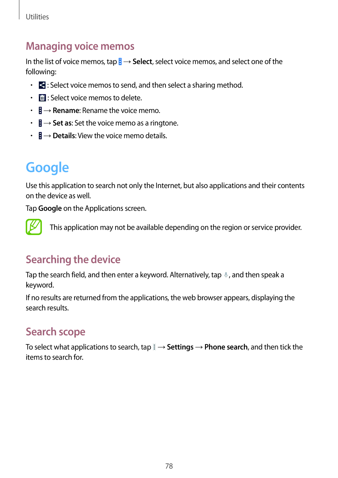 Samsung SM-G355HZWDXXV, SM-G355HZKDKSA, SM-G355HZWDKSA Google, Managing voice memos, Searching the device, Search scope 