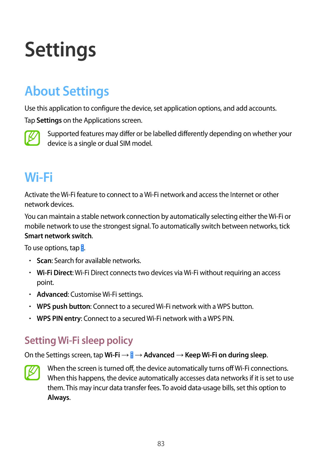 Samsung SM-G355HZKDXXV, SM-G355HZKDKSA, SM-G355HZWDKSA, SM-G355HZWDXXV About Settings, Setting Wi-Fi sleep policy 