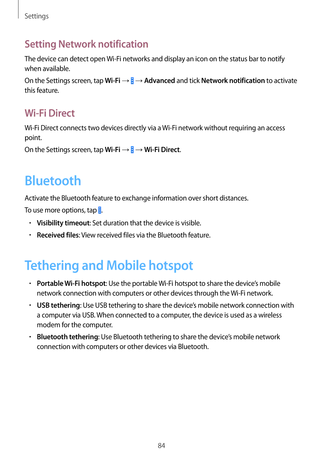 Samsung SM-G355HZKDKSA, SM-G355HZWDKSA manual Tethering and Mobile hotspot, Setting Network notification, Wi-Fi Direct 