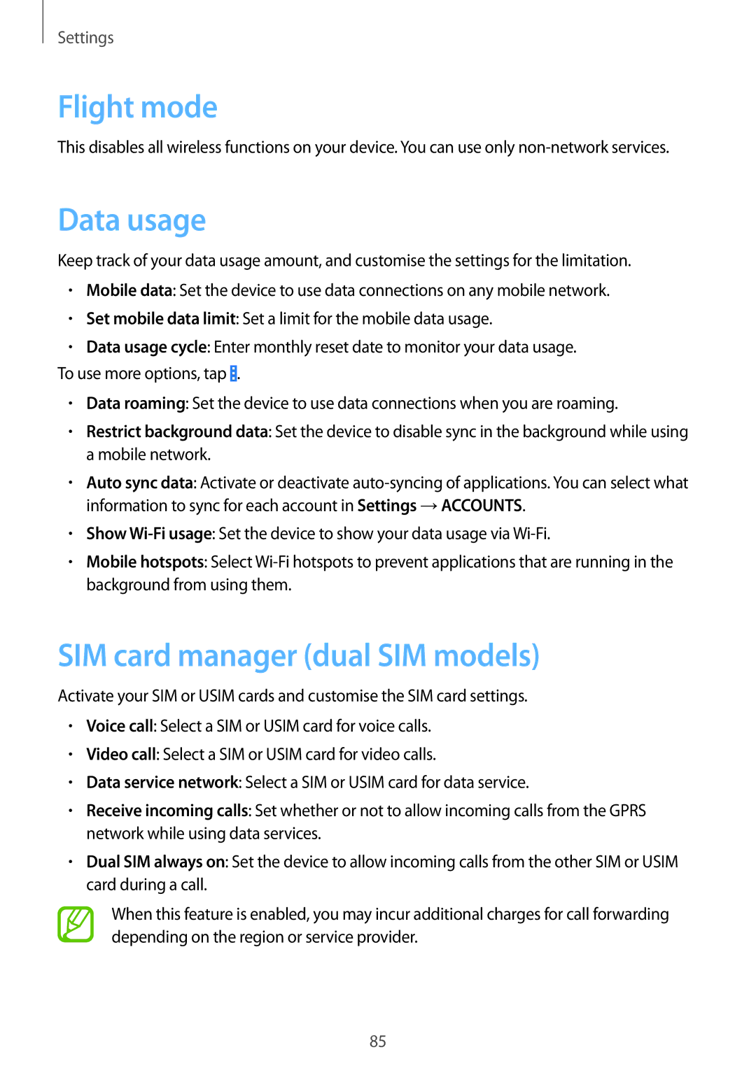 Samsung SM-G355HZWDKSA, SM-G355HZKDKSA, SM-G355HZWDXXV manual Flight mode, Data usage, SIM card manager dual SIM models 