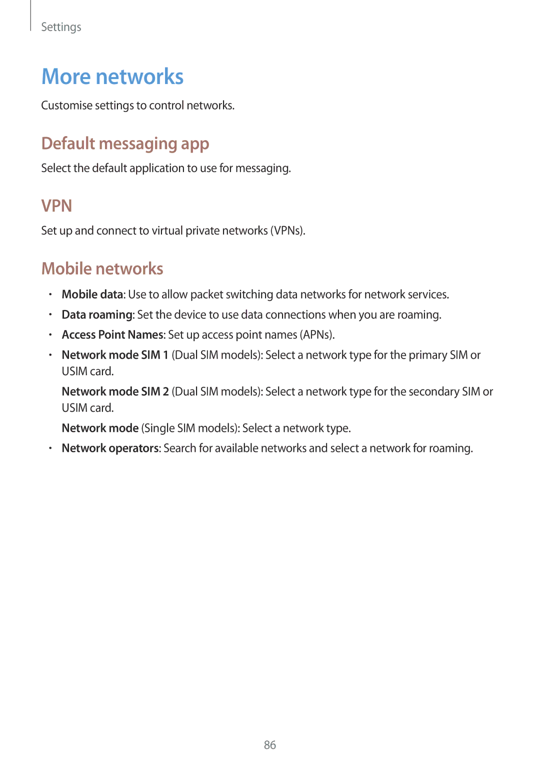 Samsung SM-G355HZWDXXV, SM-G355HZKDKSA, SM-G355HZWDKSA, SM-G355HZKDXXV More networks, Default messaging app, Mobile networks 