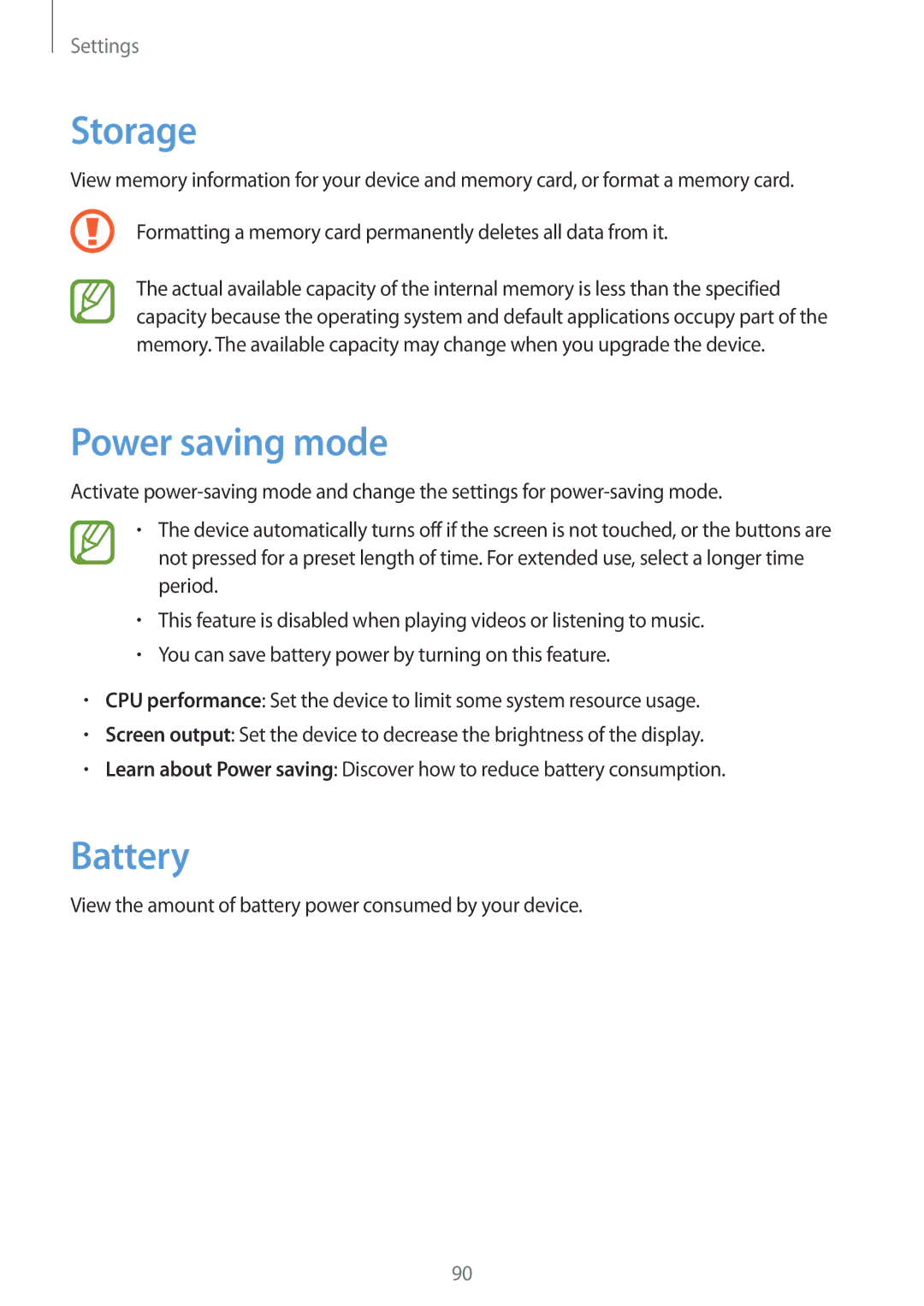 Samsung SM-G355HZWDXXV, SM-G355HZKDKSA, SM-G355HZWDKSA, SM-G355HZKDXXV manual Storage, Power saving mode, Battery 