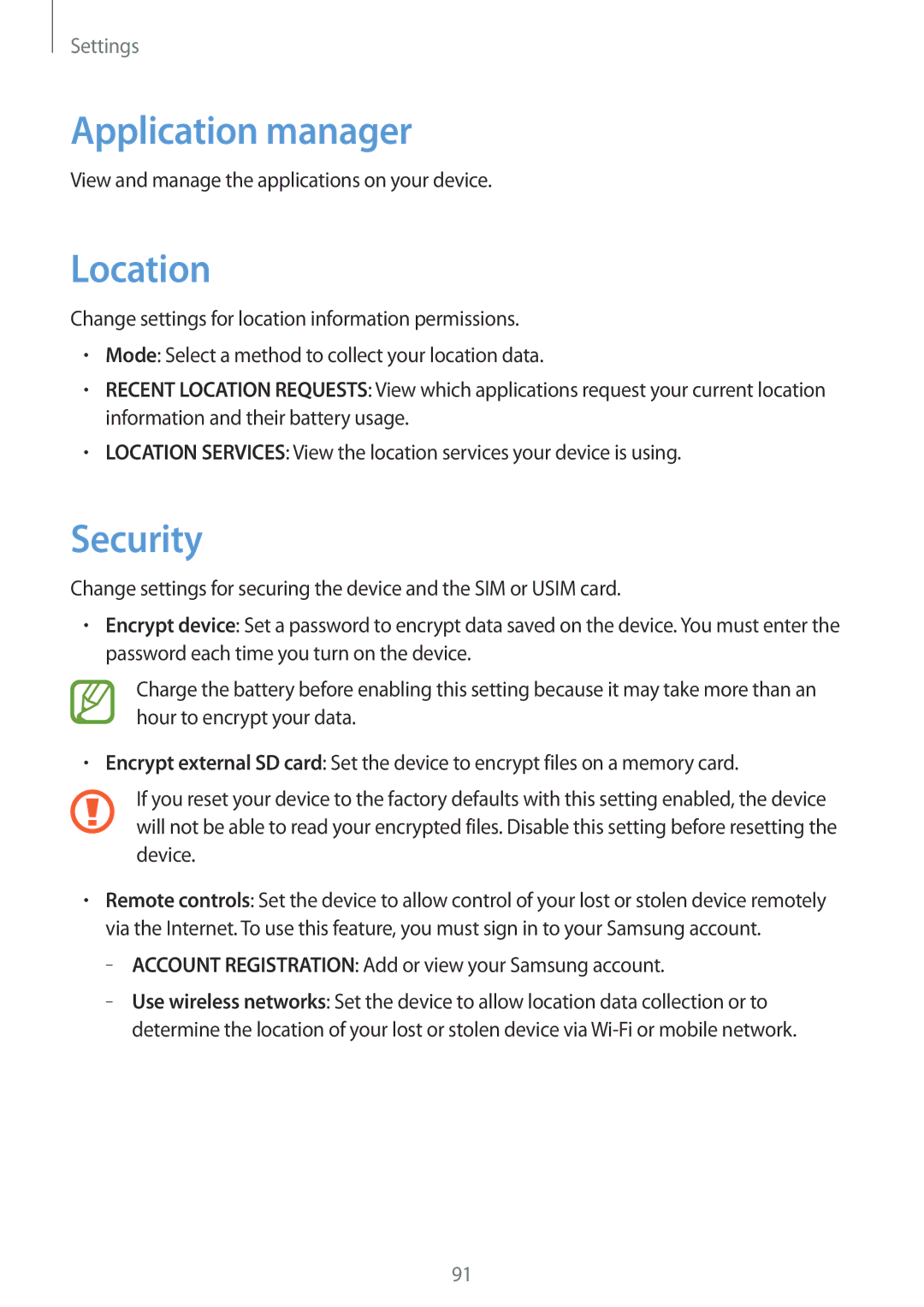 Samsung SM-G355HZKDXXV, SM-G355HZKDKSA, SM-G355HZWDKSA, SM-G355HZWDXXV manual Application manager, Location, Security 