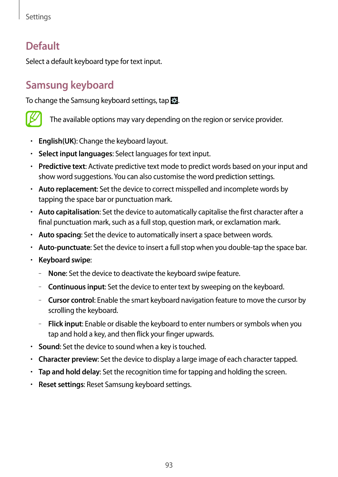 Samsung SM-G355HZWDKSA, SM-G355HZKDKSA, SM-G355HZWDXXV, SM-G355HZKDXXV manual Default, Samsung keyboard, Keyboard swipe 