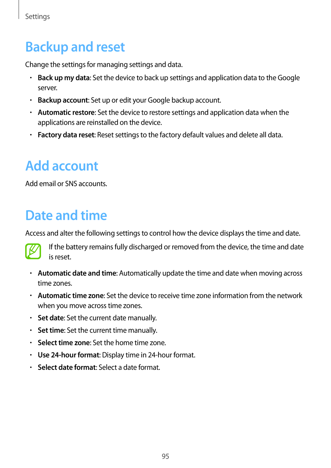 Samsung SM-G355HZKDXXV, SM-G355HZKDKSA, SM-G355HZWDKSA, SM-G355HZWDXXV manual Backup and reset, Add account, Date and time 