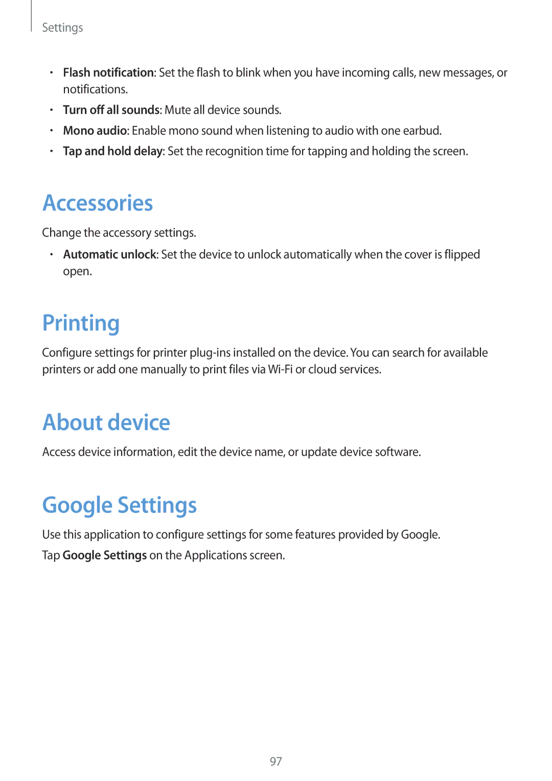 Samsung SM-G355HZWDKSA, SM-G355HZKDKSA, SM-G355HZWDXXV, SM-G355HZKDXXV Accessories, Printing, About device, Google Settings 