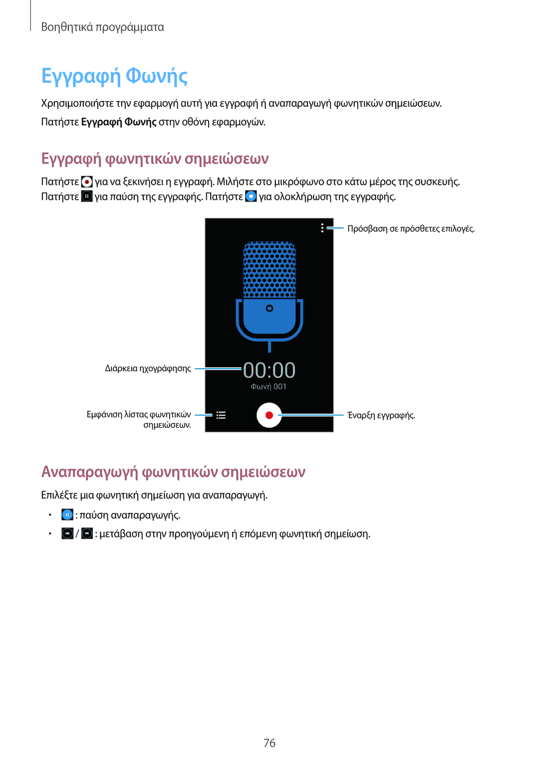 Samsung SM-G355HZKNEUR, SM-G355HZWNEUR manual Εγγραφή Φωνής, Εγγραφή φωνητικών σημειώσεων, Αναπαραγωγή φωνητικών σημειώσεων 