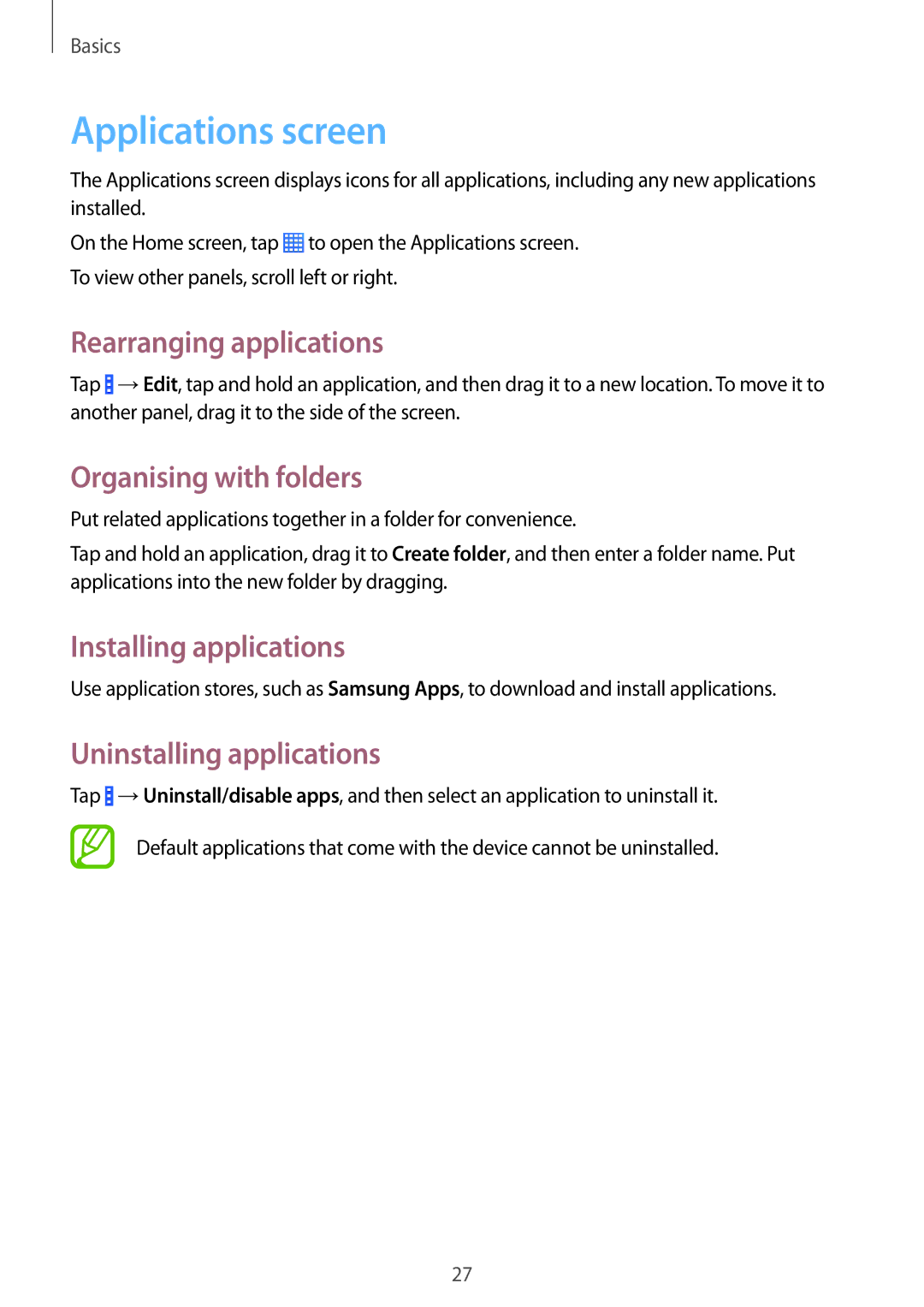 Samsung SM2G355HZKNETL Applications screen, Rearranging applications, Organising with folders, Installing applications 