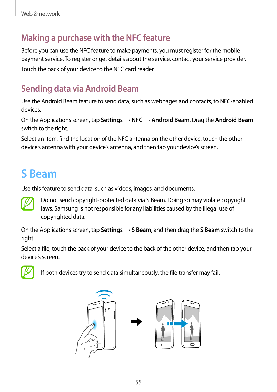 Samsung SM-G355HZWNBGL, SM-G355HZKNTPL manual Making a purchase with the NFC feature, Sending data via Android Beam 