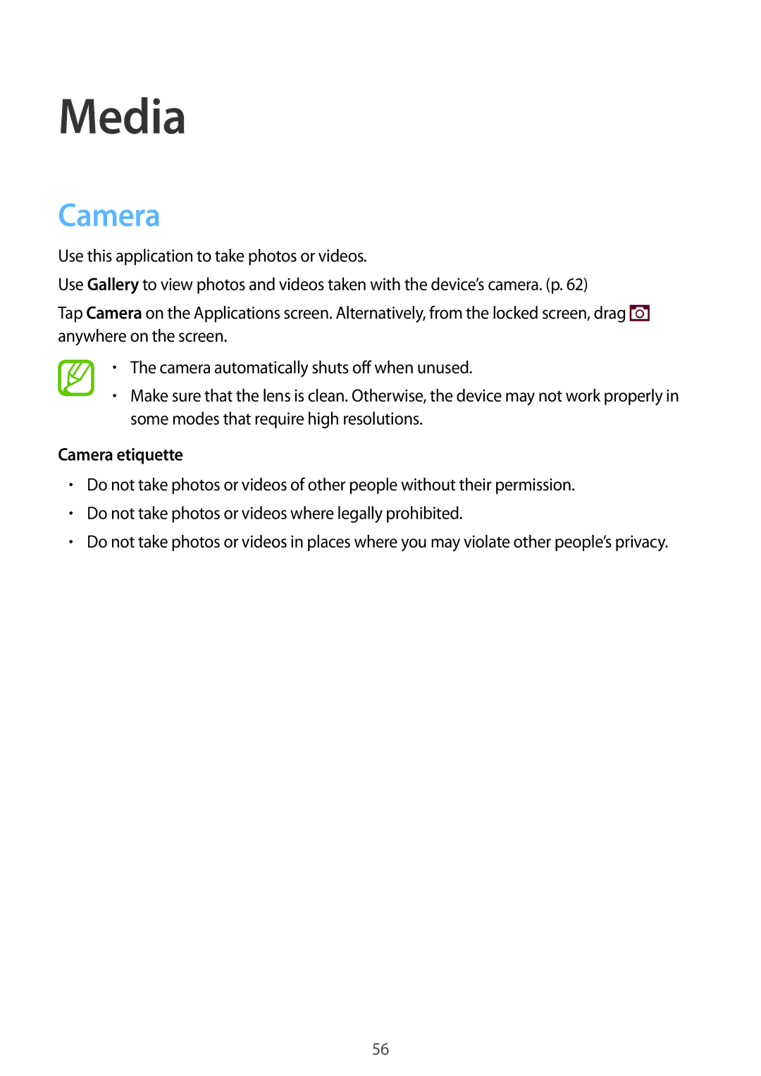 Samsung SM-G355HZKNGBL, SM-G355HZKNTPL, SM-G355HZWNITV, SM-G355HZKNITV, SM-G355HZWNTPL manual Media, Camera etiquette 