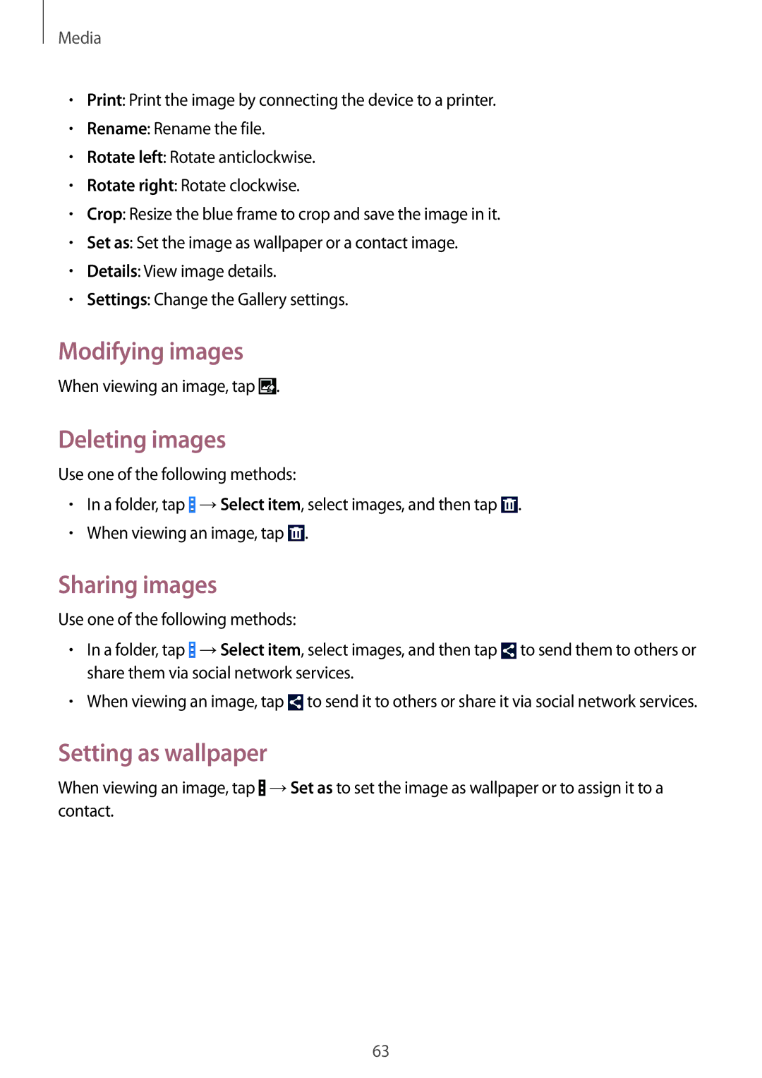 Samsung SM-G355HZKNETL, SM-G355HZKNTPL manual Modifying images, Deleting images, Sharing images, Setting as wallpaper 