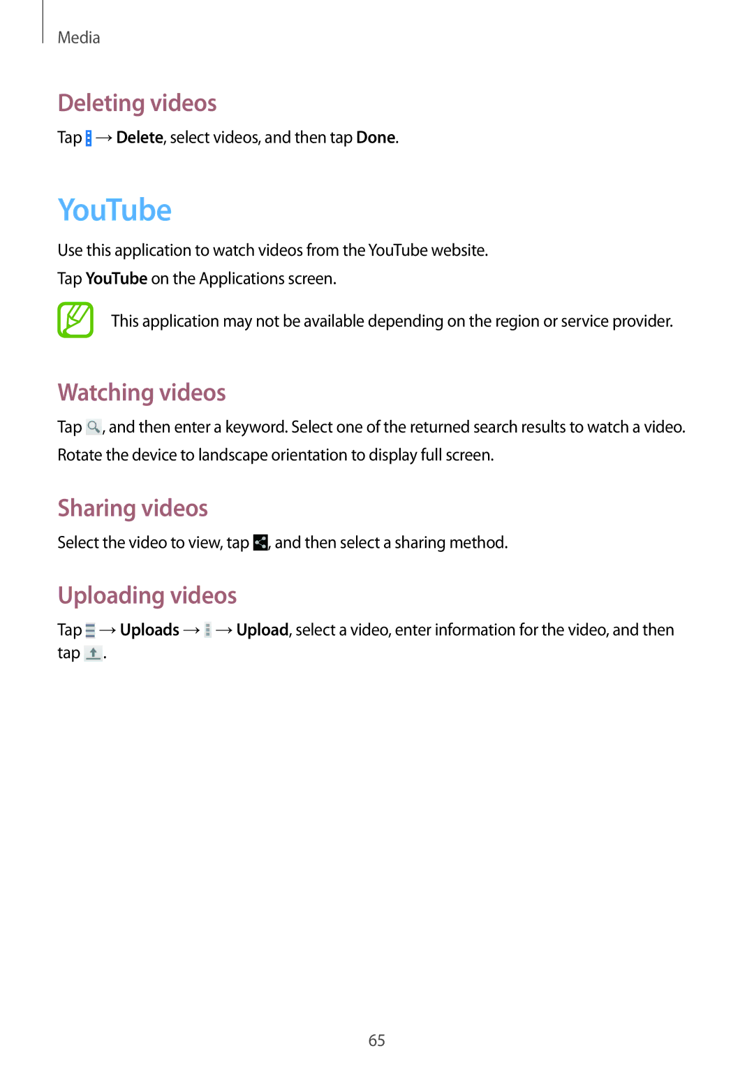 Samsung SM2G355HZKNETL, SM-G355HZKNTPL manual YouTube, Deleting videos, Watching videos, Sharing videos, Uploading videos 