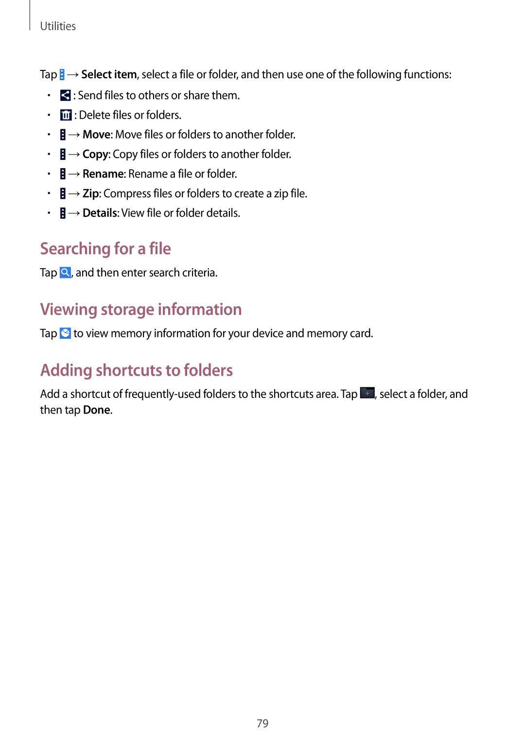 Samsung SM-G355HZWNTPL, SM-G355HZKNTPL manual Searching for a file, Viewing storage information, Adding shortcuts to folders 