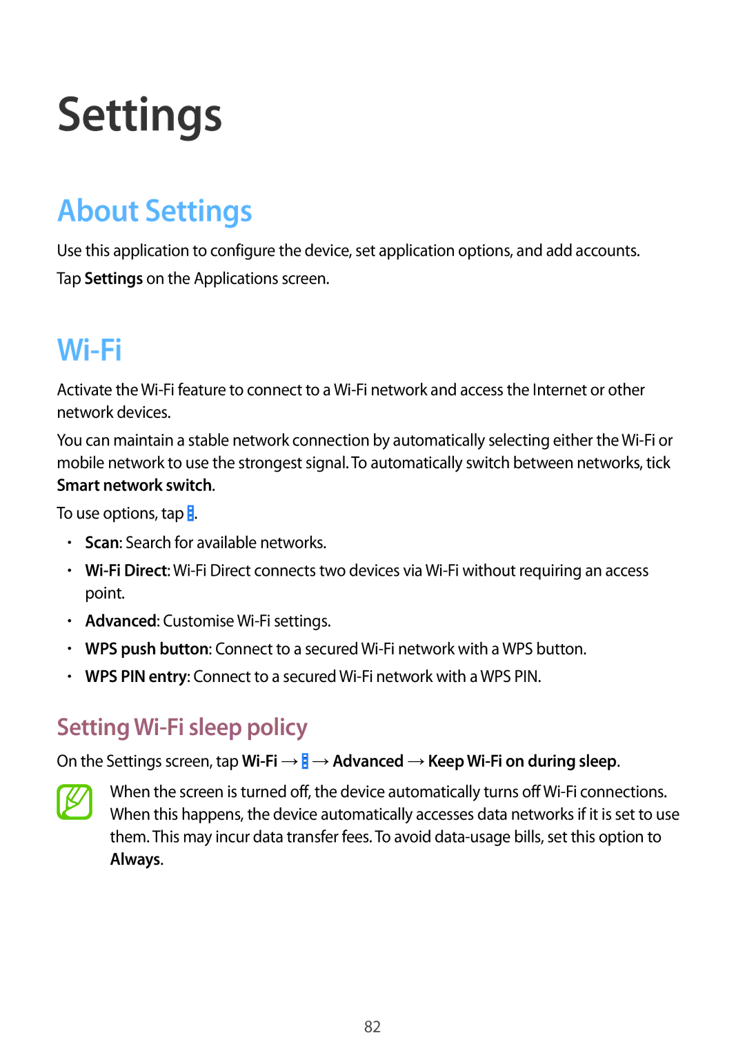 Samsung SM-G355HZKNPHE, SM-G355HZKNTPL, SM-G355HZWNITV, SM-G355HZKNITV About Settings, Setting Wi-Fi sleep policy 