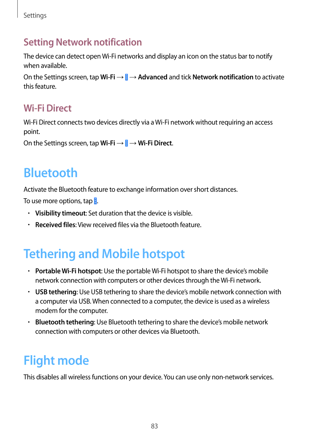 Samsung SM-G355HZWNSEE manual Tethering and Mobile hotspot, Flight mode, Setting Network notification, Wi-Fi Direct 