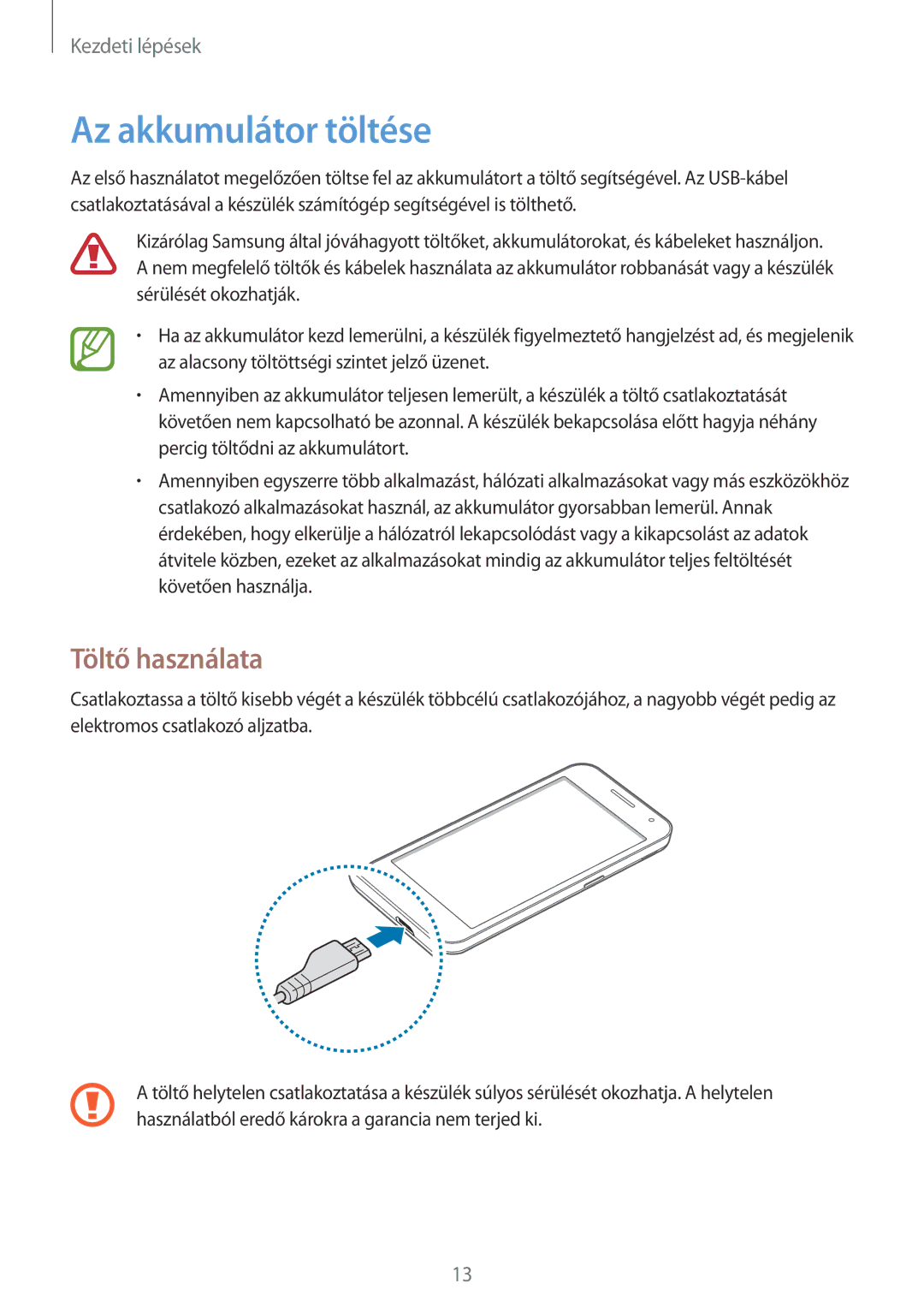 Samsung SM-G355HZWNTPL, SM-G355HZKNTPL, SM-G355HZWNXEH, SM-G355HZKNETL manual Az akkumulátor töltése, Töltő használata 