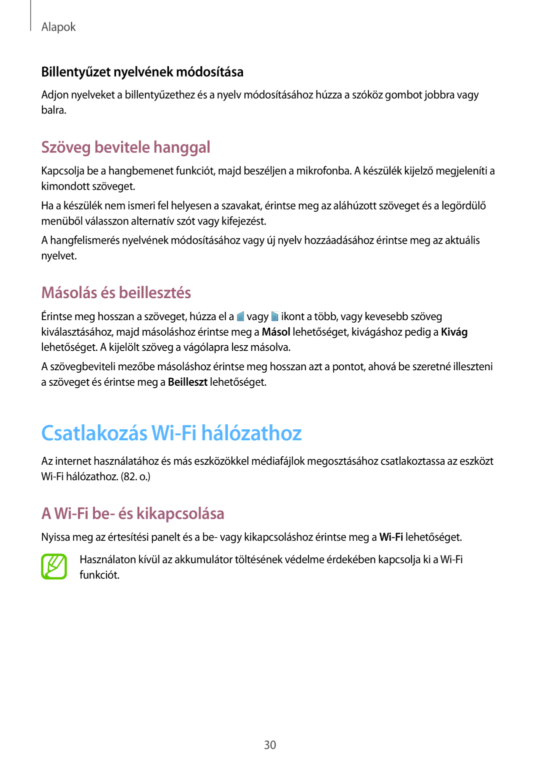 Samsung SM-G355HZKNPRT, SM-G355HZKNTPL manual Csatlakozás Wi-Fi hálózathoz, Szöveg bevitele hanggal, Másolás és beillesztés 